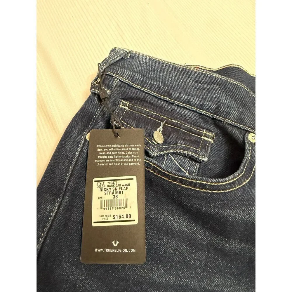 NWT True Religion Men’s Dark Oak Wash Ricky Straight Denim Jeans Size 38 X 34